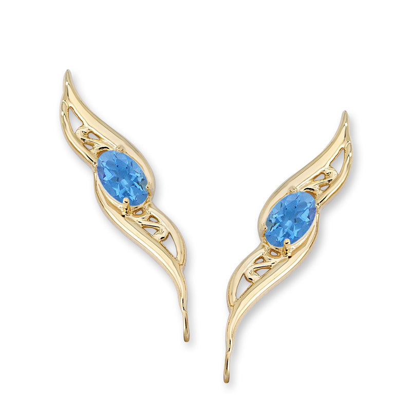 14k Yellow Gold Blue Topaz Oval Filigree Ear Pin Earrings