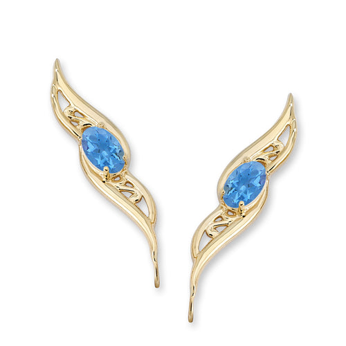 14k Yellow Gold Blue Topaz Oval Filigree Ear Pin Earrings