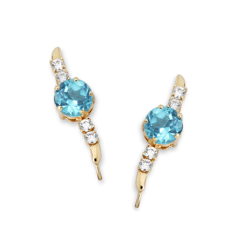 14k Yellow Gold Blue Topaz 5 Petal Flower & CZ Ear Pin Earrings