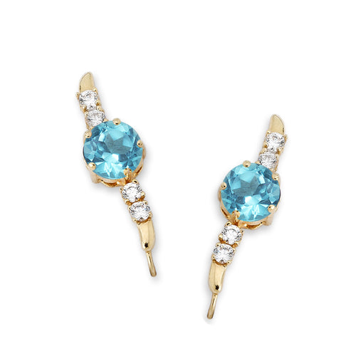 14k Yellow Gold Blue Topaz 5 Petal Flower & CZ Ear Pin Earrings