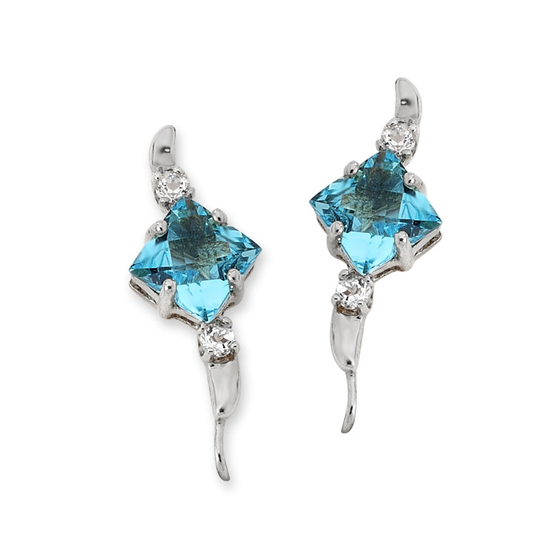 Ear Pin Ear Climber Earrings Clover Cut Blue Topaz & Diamond 0.20ct. 14k Yellow Gold