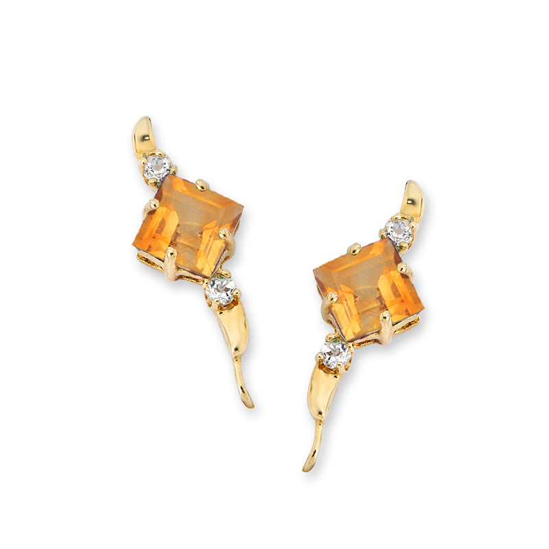 Citrine & Diamond Ear Pin Earrings in 14k Yellow Gold 