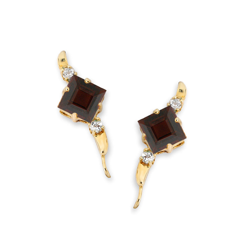 Diamond Ear Climber Earrings - Garnet & Diamond - Ear Pin - 14k Yellow Gold