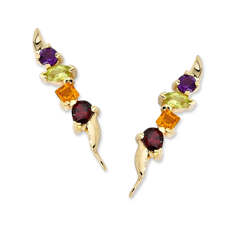 Garnet, Citrine, Peridot, Amethyst Ear Pin Earrings 14k Yellow Gold