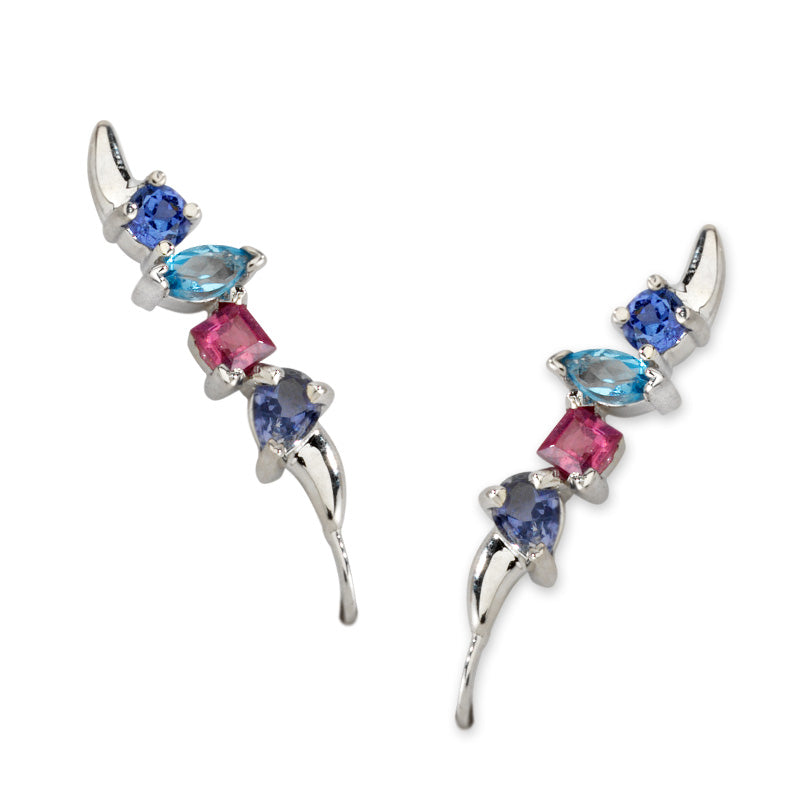 Iolite, Garnet, Topaz, Tanzanite Ear Pin Earrings in 14k White Gold