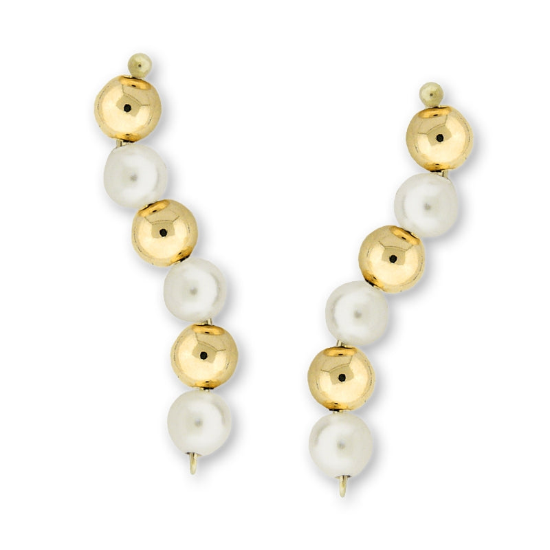 Ear Pin Ear Climber Earrings Swarovski Crystal Pearls-Gold Beads 10k Yellow Gold