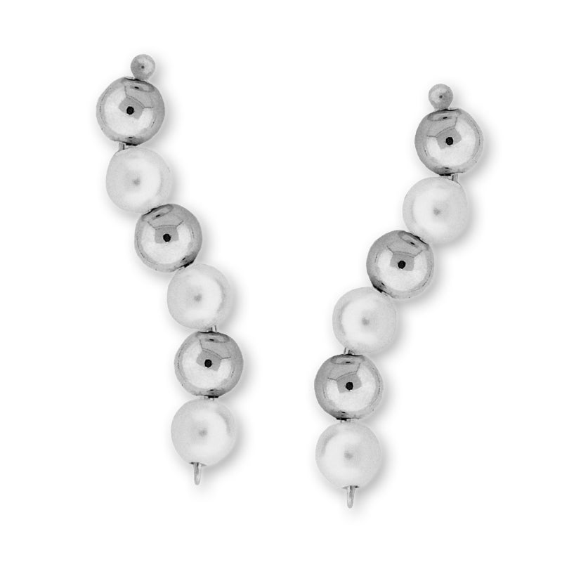 Ear Pin Ear Climber Earrings Swarovski Crystal Pearls-Gold Beads 10k White Gold