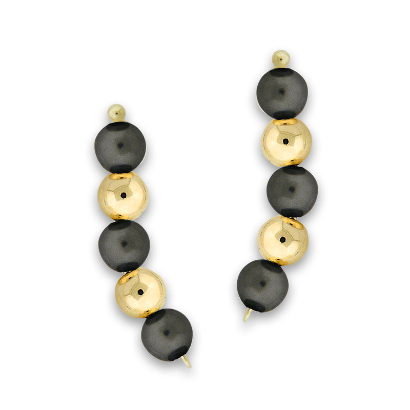 Swarovski Grey Crystal Pearls-Gold Beads Ear Pin Ear Climber Half Moon Earrings 10k Yellow Gold