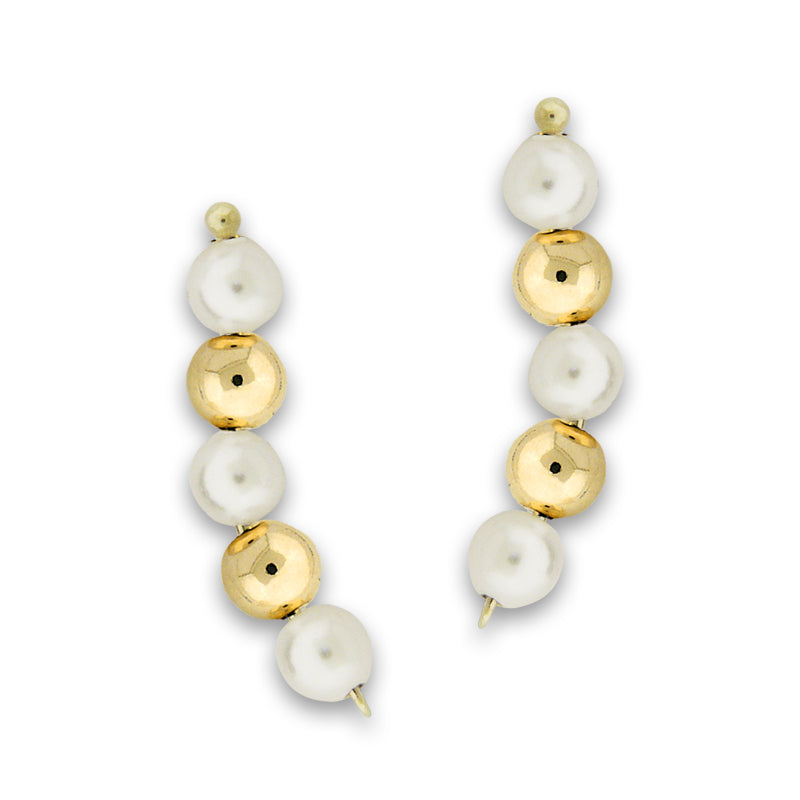 Swarovski Crystal Pearls-Gold Beads Ear Pin Ear Climber Half Moon Earrings 10k Yellow Gold