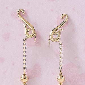 14k Yellow Gold Swirly Ear Pin with Gold Bead Chain Dangle