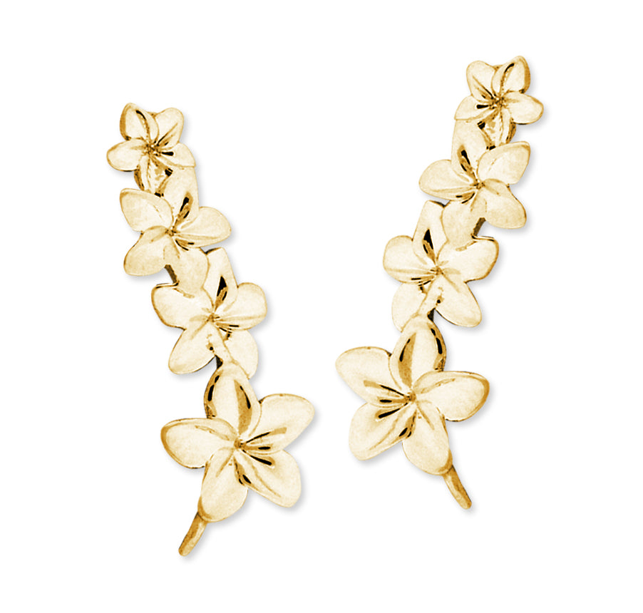 14k Yellow Gold Graduating Plumeria Flowers Ear Pin Earrings