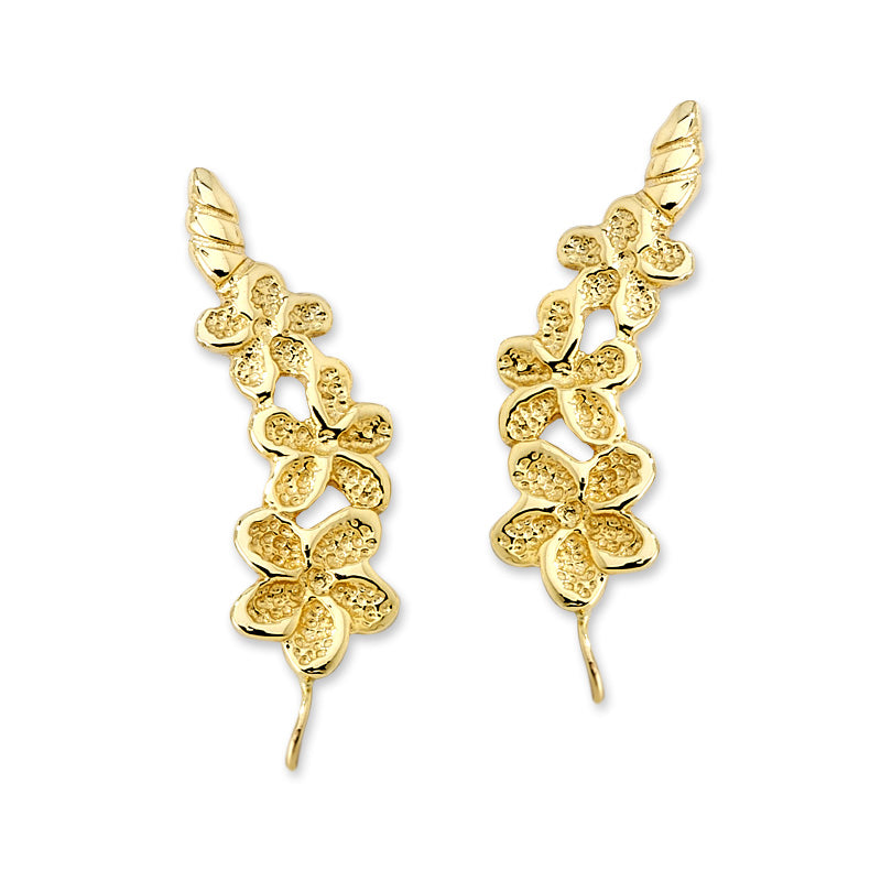 Gold Ear Climber Earrings - Graduated Hawaii Plumerias - Ear Pin - 14k Yellow Gold