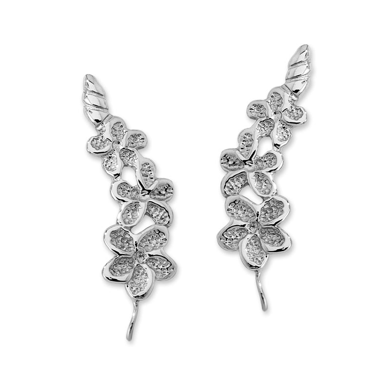 White Gold Ear Climber Earrings - Graduated Hawaii Plumerias - Ear Pin - 14k White Gold