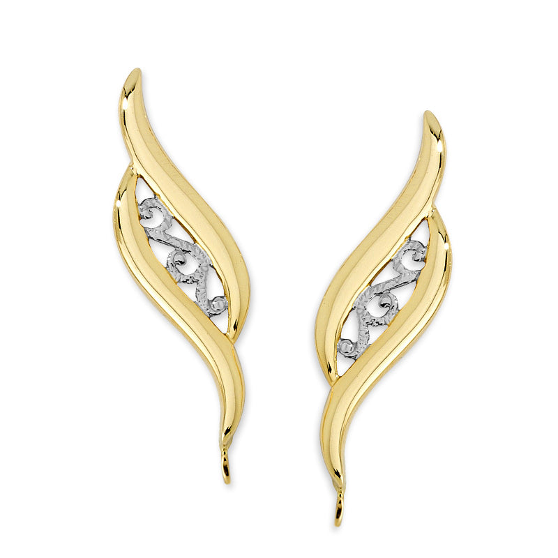 14k Yellow Gold Bold Double Curves Filigree Center Two Tone Ear Pin Earrings 