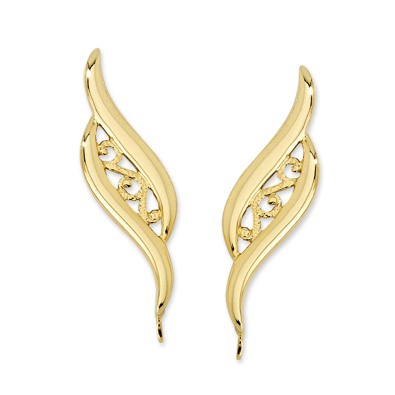 Filigree Center & Bold Polished Swirls Ear Pin Earrings in 14k Yellow Gold