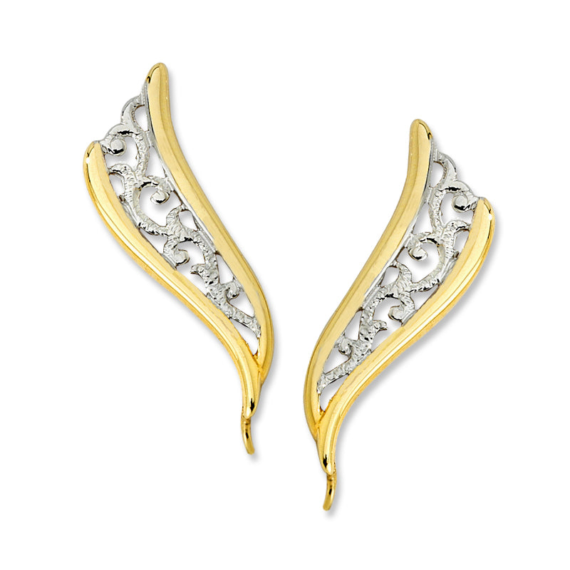 Double Branch Filigree Center Two Tone White & Yellow Ear Pin Earrings in 14k Yellow Gold