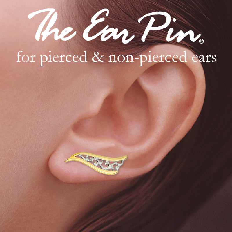Double Branch Filigree Center Two Tone White & Yellow Ear Pin Earrings in 14k Yellow Gold