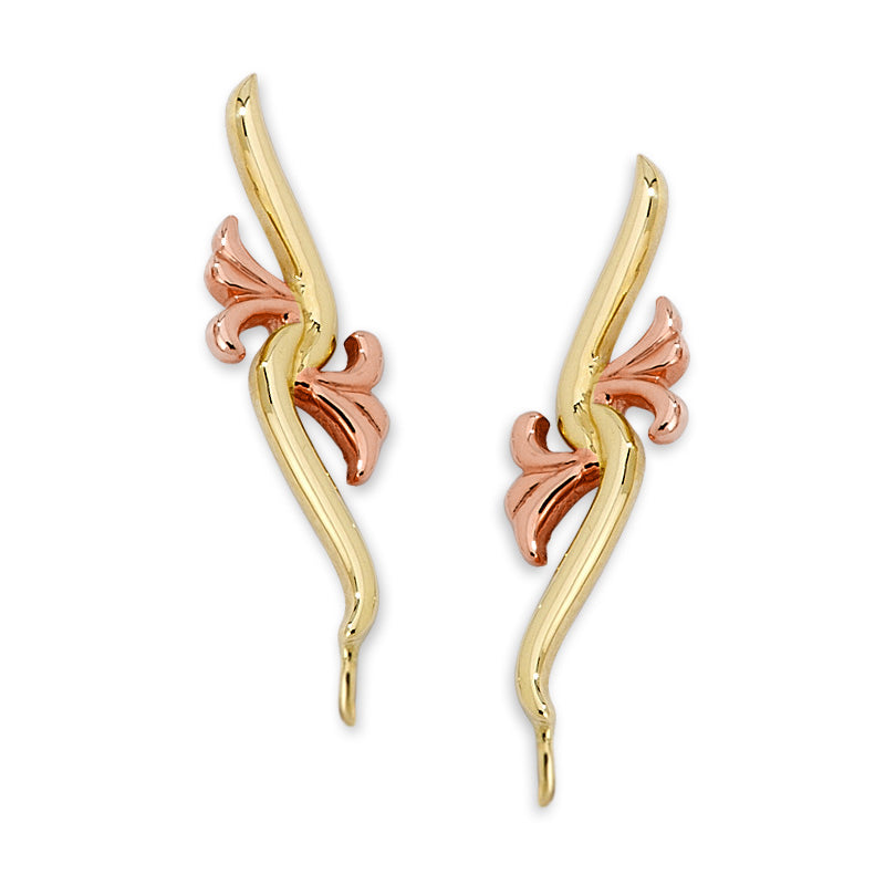 14k Yellow Gold Floral Motif Center Two Tone Rose and Yellow Swirl Ear Pin Earrings