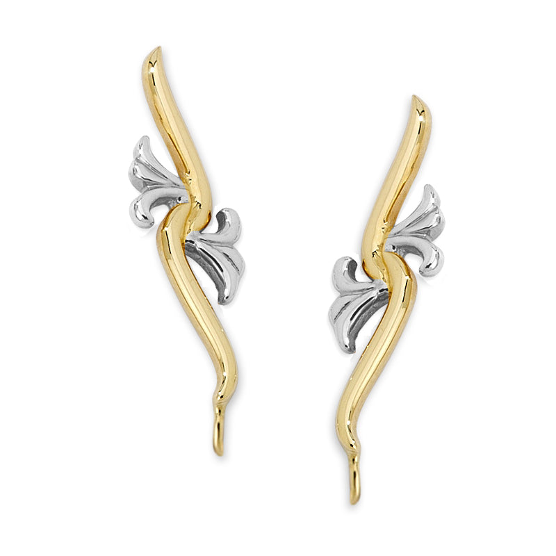 14k Yellow Gold Floral Motif Center Two Tone White and Yellow Swirl Ear Pin Earrings