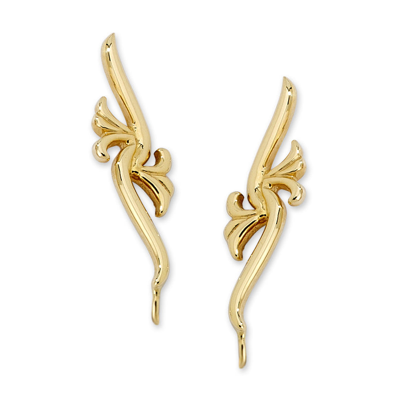 Leaf Center Polished Swirls Ear Pin Earrings in 14k Yellow Gold