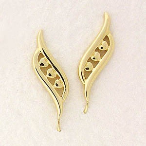 14k Yellow Gold Double Swirl Triple Hearts Ear Pin Earrings