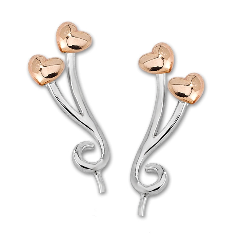 Ear Pin Ear Climber Earrings Double Branch Heart Tipped 14k Rose and White Gold