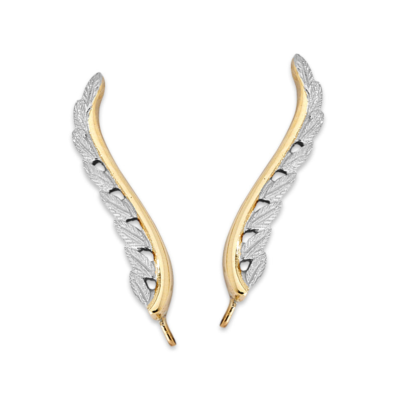 Gold Ear Climber Earrings - Detailed Leaf Two Tone White & Yellow - Ear Pin - 14k Yellow Gold