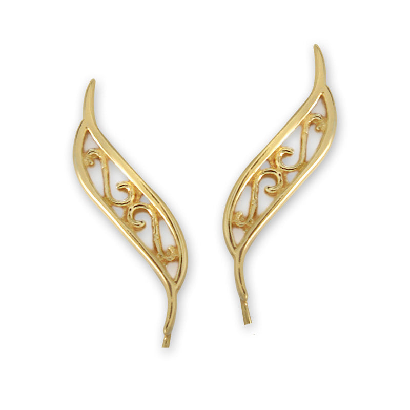 Gold Ear Climber Earrings - Scroll Pattern - Ear Pin - 14k Yellow Gold