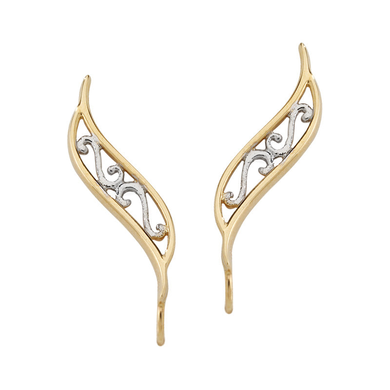 Gold Ear Climber Earrings - Scroll Pattern Two Tone White & Yellow - Ear Pin - 14k Yellow Gold