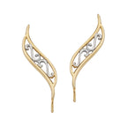 Gold Ear Climber Earrings - Scroll Pattern Two Tone White & Yellow - Ear Pin - 14k Yellow Gold