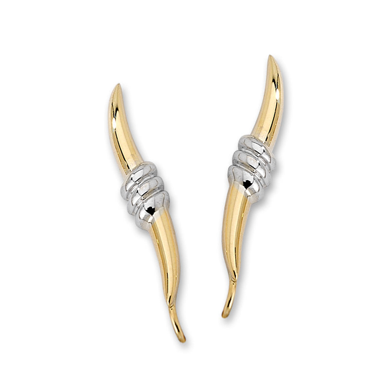 Triple Ribbed Center Polished Curves Two Tone White & Yellow Ear Pin Earrings in 14k Yellow Gold