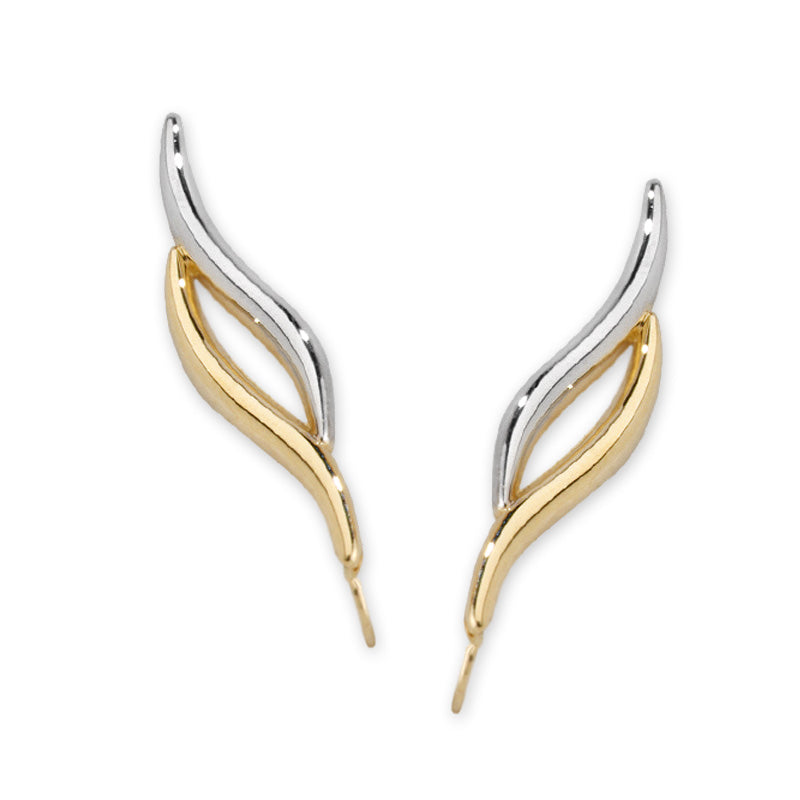 Ear Pin Ear Climber Earrings Double Curves Two Tone 14k Yellow and White Gold