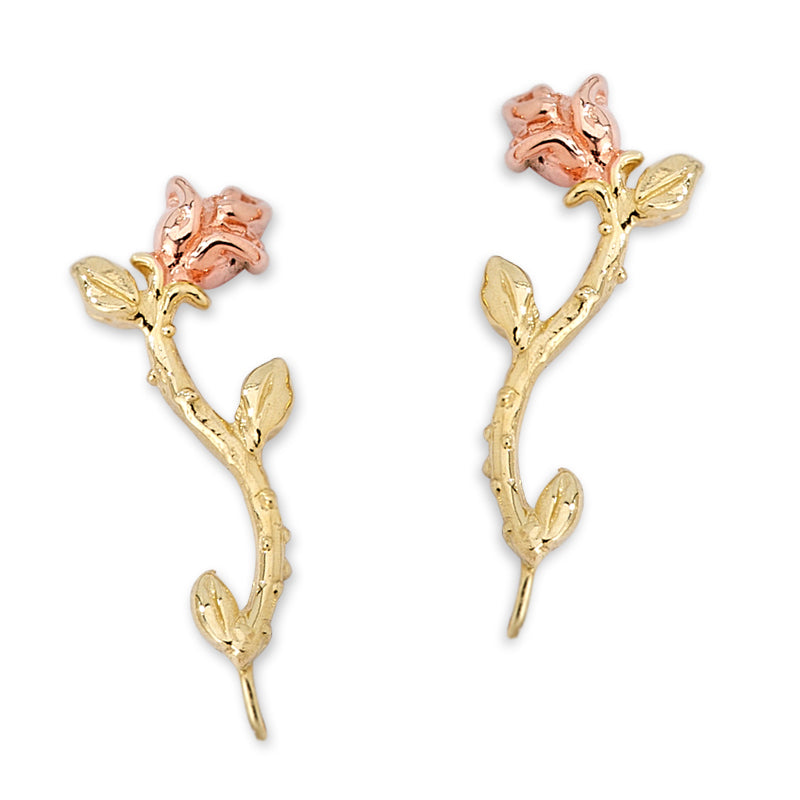 14k Yellow Gold Long Stem Rose of Love Two Tone Ear Pin Earrings