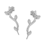 14k White Gold Long Stem Rose of Love Ear Pin Earrings