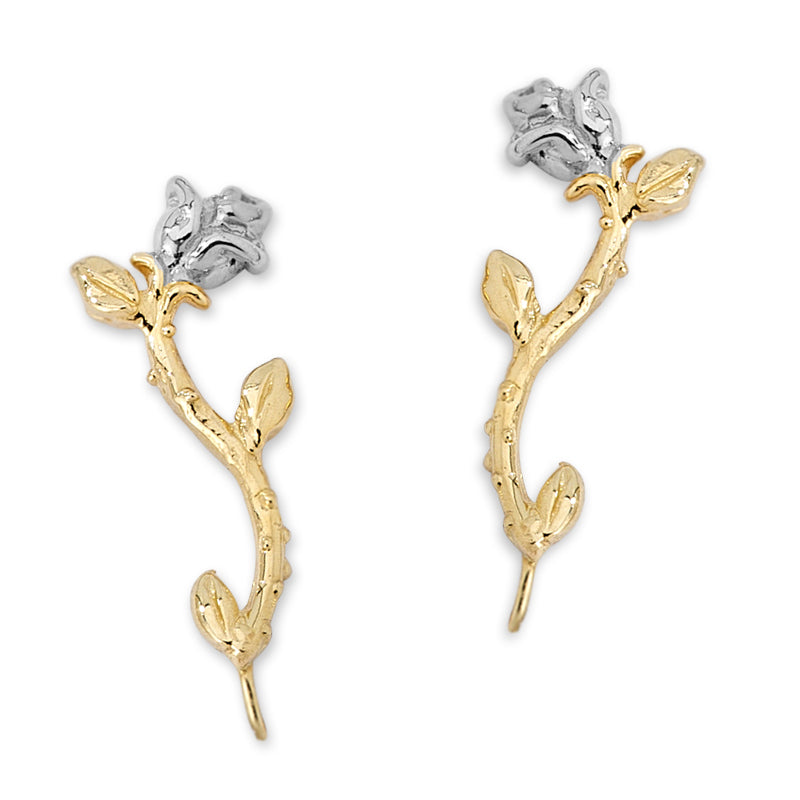 14k Two Tone White and Yellow Gold Rose of Love Ear Pin Earrings