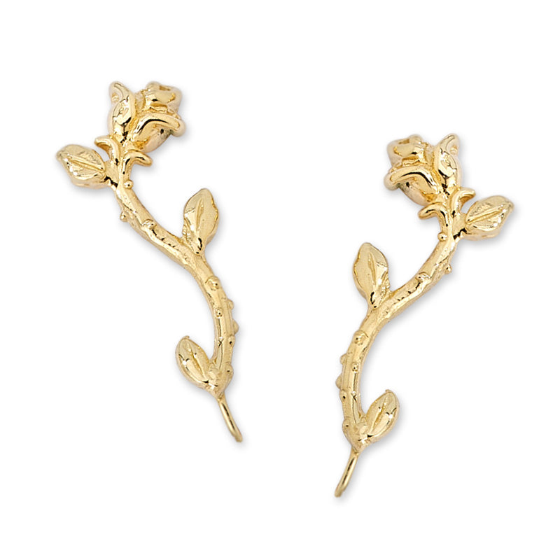 Romantic Rose Stem Carved in Gold 14k Yellow Gold Ear Pin Earrings