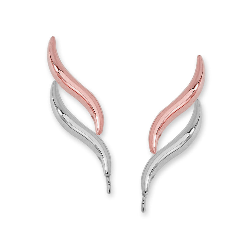 Ear Pin Ear Climber Earrings Double Curves Two Tone 14k Rose and White Gold