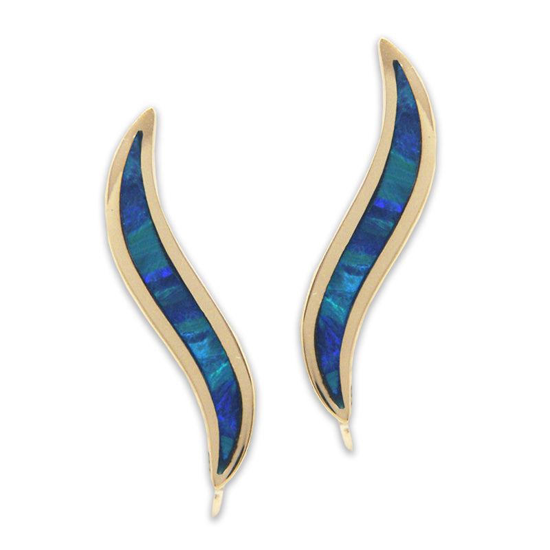 Opal Ear Climber Earrings Ear Pin Vibrant Blue 14kt Yellow Gold