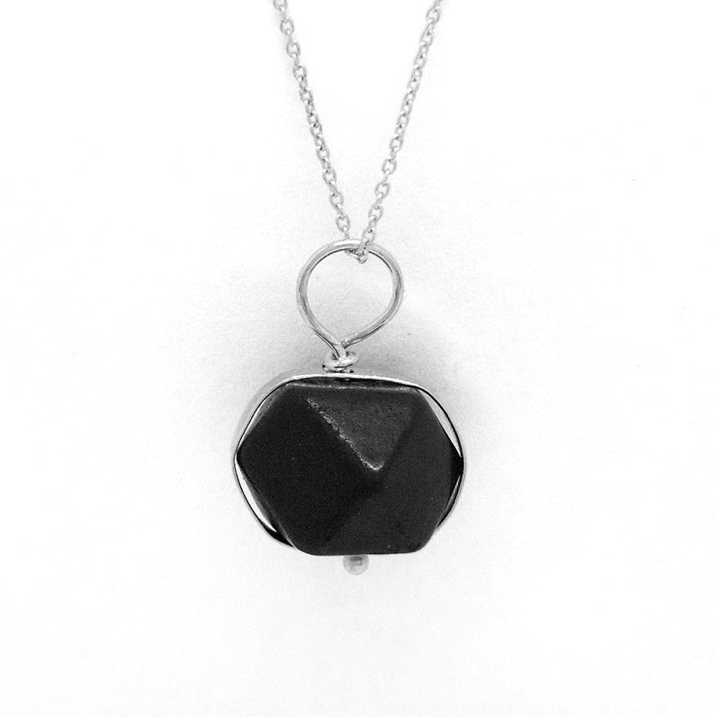Front View: Jet Azabache Pendant 9mm Size Framed in 14k White Gold