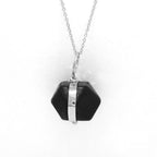 Side View: Jet Azabache Pendant 9mm Size Framed in 14k White Gold