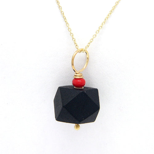 Jet Azabache Pendant w Red Coral Bead 9mm Size 14k Yellow Gold