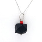 Jet Azabache Pendant w Red Coral Bead 8mm Size 14k White Gold