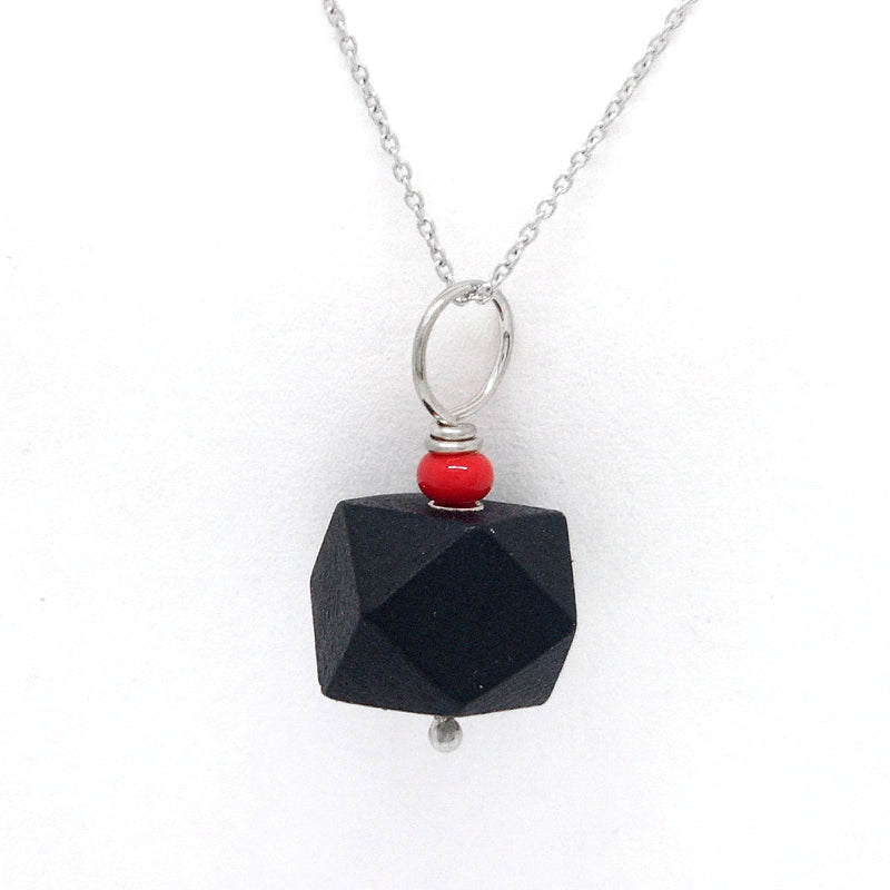 Jet Azabache Pendant w Red Coral Bead 8mm Size 14k White Gold