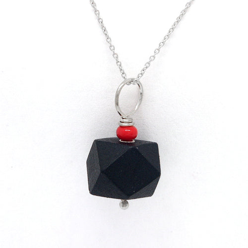 Jet Azabache Pendant w Red Coral Bead 8mm Size 14k White Gold