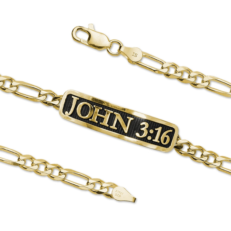 JOHN 3:16 Embossed Inspirational Figaro Link ID Bracelet 18k Gold Over Sterling Silver