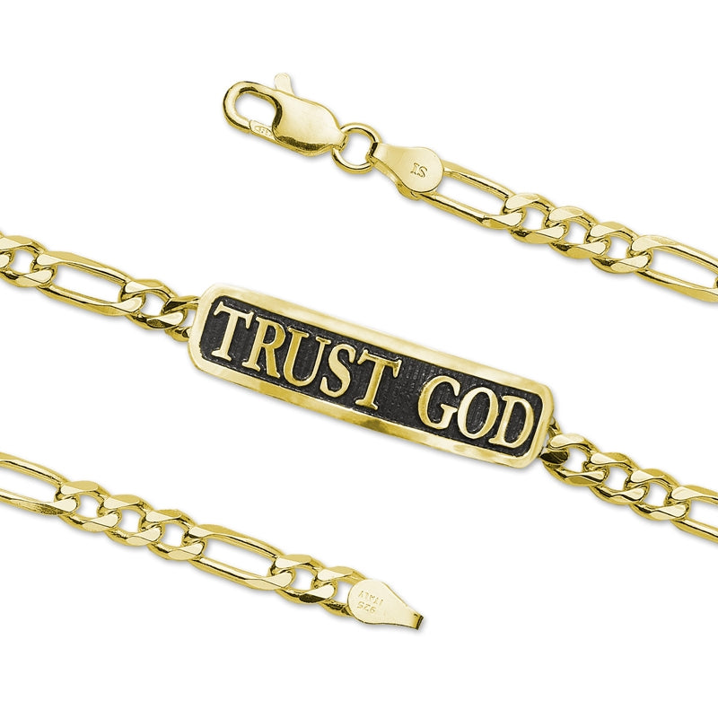 Trust God Bold Embossed Inspirational Figaro Link ID Bracelet 18k Gold Over Sterling Silver