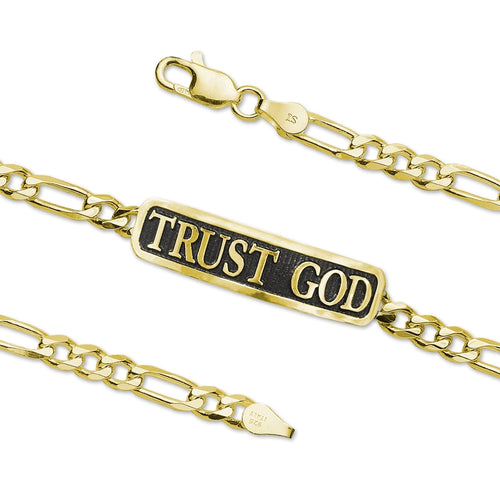 Trust God Bold Embossed Inspirational Figaro Link ID Bracelet 18k Gold Over Sterling Silver
