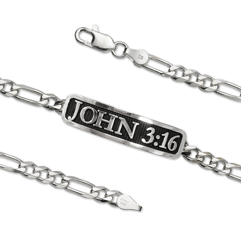 JOHN 3:16 Embossed Inspirational Figaro Link ID Bracelet Sterling Silver
