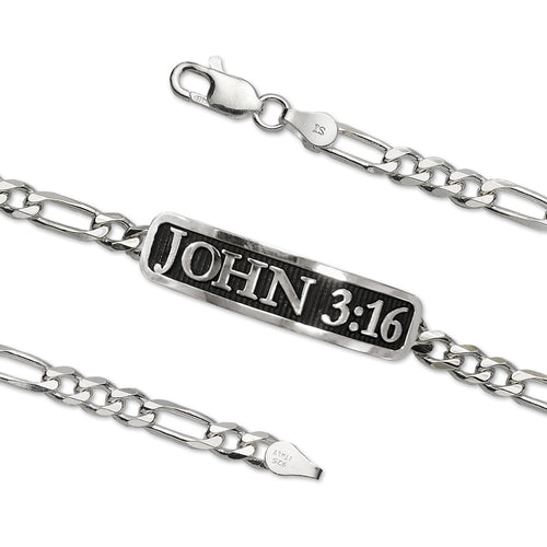 JOHN 3:16 Embossed Inspirational Figaro Link ID Bracelet Sterling Silver