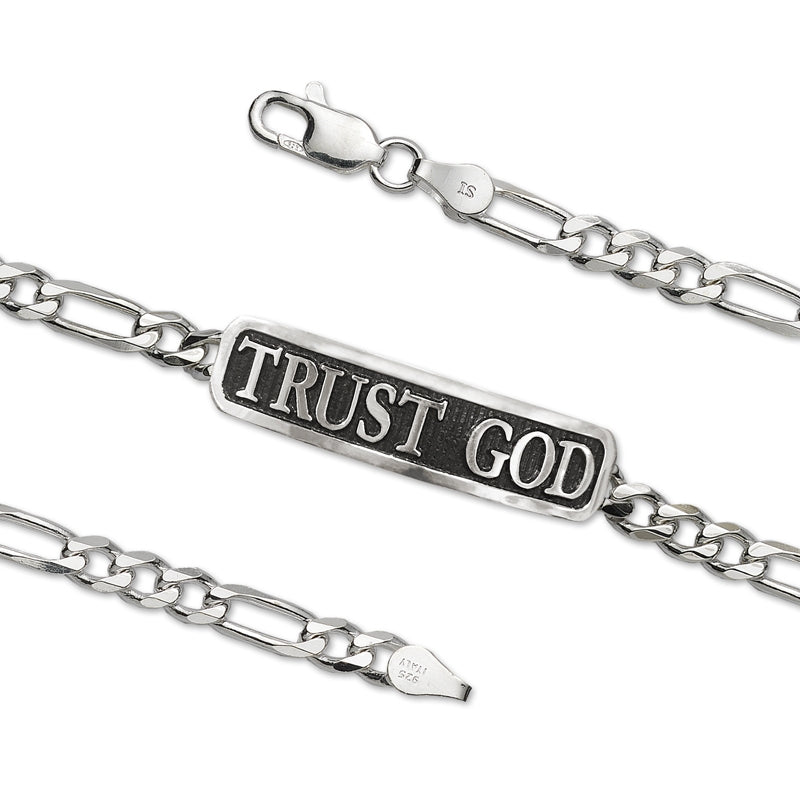 Trust God Bold Embossed Inspirational Figaro Link ID Bracelet Sterling Silver